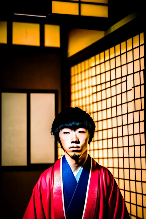 Prompt: photography masterpiece by haruto hoshi, flash photography portrait of young japanese man in kabuki cho, shot on a canon 5 d mark iii with a 3 5 mm lens aperture f / 5. 6, full frame, full res, full color, film grain, dynamic composition, high camera angle, hyper realistic