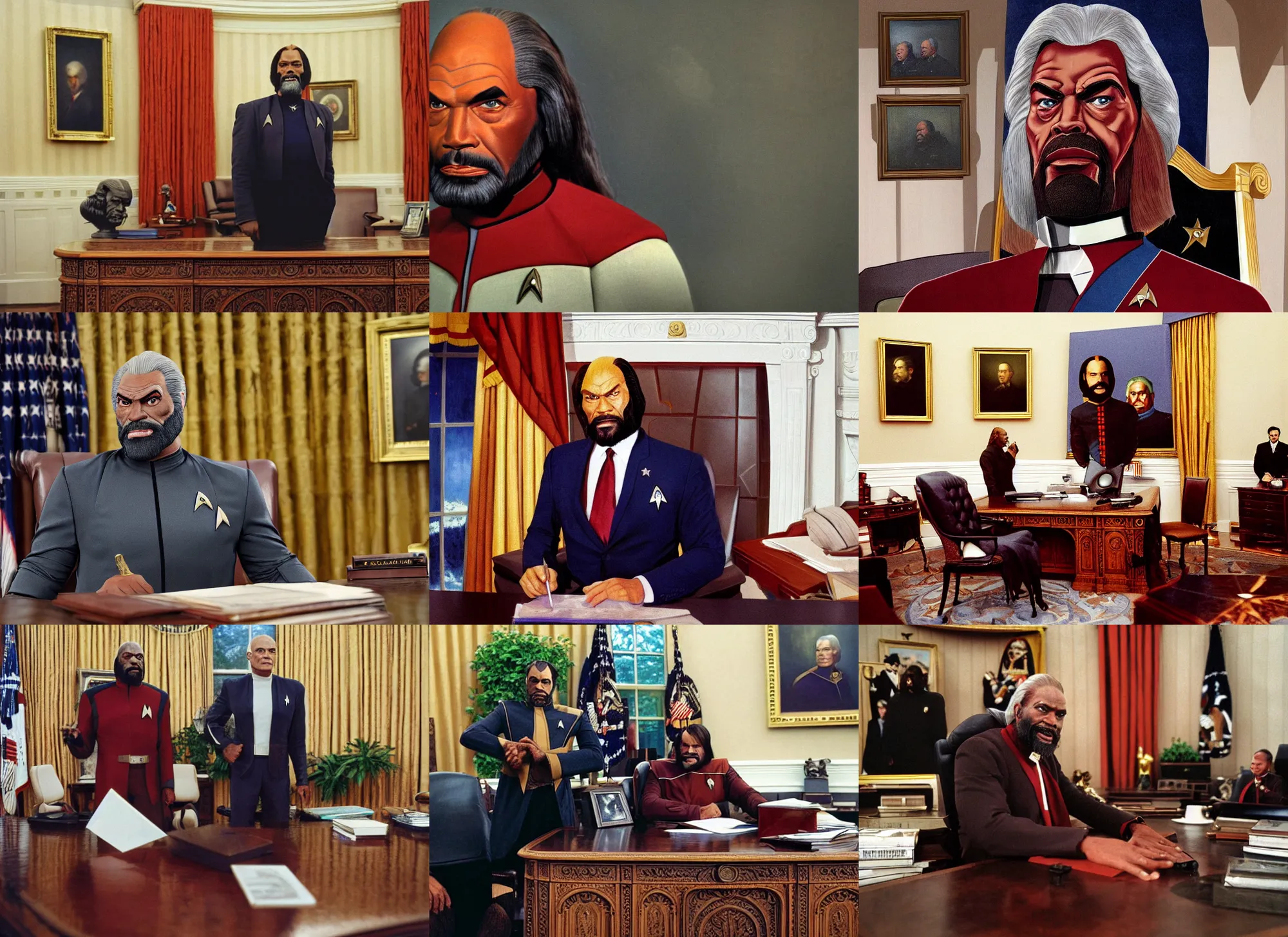 Prompt: photo portrait of star trek worf as president of the united states wearing a suit, in the oval office interior, klingon weapons decorating the walls, ( ( photograph ) ), moody, realistic, detailed, skin tinted a warm tone