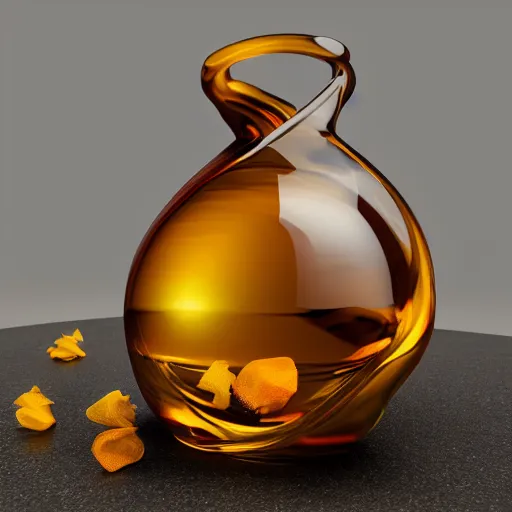 Image similar to klein bottle filled with honey surrounded by dark water with floating flower petals, octane render, trending on artstation, product photography