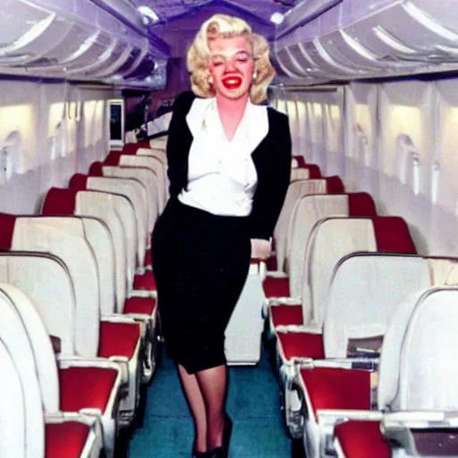 Prompt: a cheap point and shoot camera photography of marilyn monroe as a flight attendent in 1998