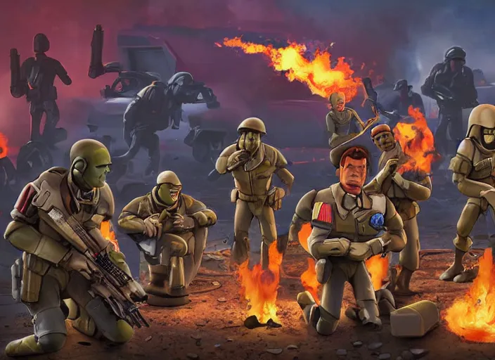 Image similar to digital painting of xcom squad taking fire from the toy story aliens in a world war 2 battlefield, sharp focus, intricate