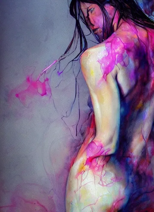 Prompt: sexy gorgeous adriana lima in short by agnes cecile, view from back, bent - over posture, full body portrait, extremely luminous bright design, pastel colours, ink drips, autumn lights