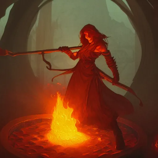 Prompt: a pyromancer is playing with fire , medium level shot , epic scene, Mucha style , Grim fantasy, illustration ,concept art,