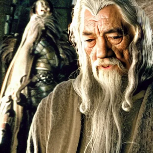 Image similar to a still from “ lord of the rings ” of a head and shoulders portrait of gandalf played by fei lung, photo by phil noto