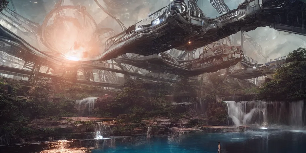 Image similar to alien spacecraft hovering over beautiful pool waterfalls surrounded by alien robots, steel archways with sparks flying off, industrial buildings, rusty metal towers, sun setting, ross tran, fantasy, james jean, peter morbacher, angelarium, alchemy, luxury, heavenly light, soft illumination, trending on artstation, cinematic lighting, digital painting, octane render