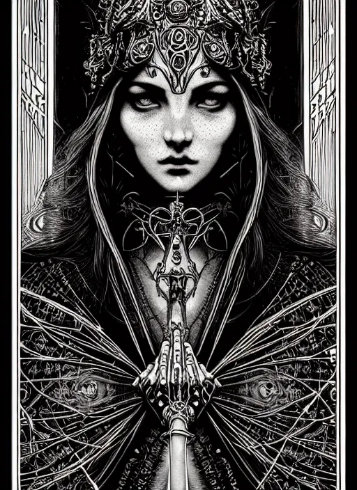 Prompt: beautiful priestess girl tarot card portrait, biomechanical, intricate artwork masterpiece, majestic, elden ring cinematic lighting, volumetric 8 k, by apollonia saintclair, josan gonzalez, gustave dore, edmund leighton, kilian eng, trending on cgsociety, 8 k