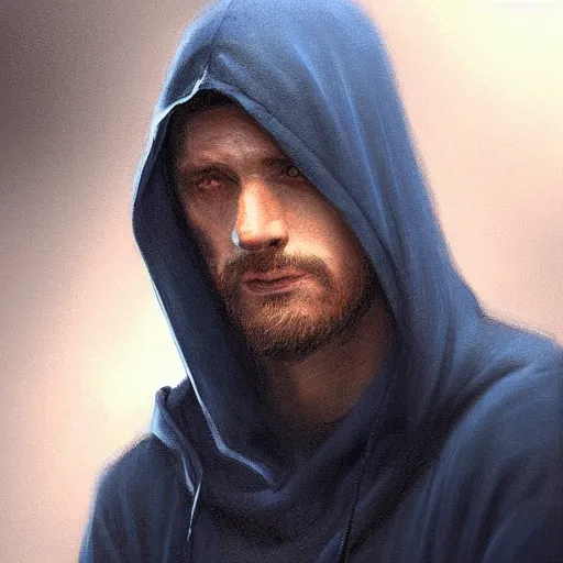 Image similar to ultra realistic illustration, man in a dark blue hood, with black hair, mysterious, poker man, highly detailed, digital painting, artstation, concept art, smooth, sharp focus, illustration, art by artgerm and greg rutkowski and alphonse mucha