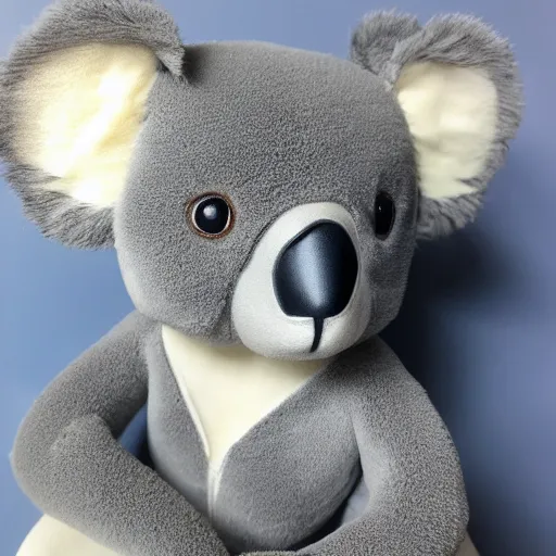 Image similar to a koala plush. beautifully made, detailed, cute, soft. high quality, studio lighting, product image