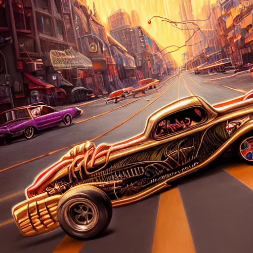 Image similar to detailed intricate digital illustration by greg rutkowski and artgerm and wlop and sanford robinson gifford ; rat fink style hotrod, ratrod dragster in city intersection ; 1 3 mm film, arri alfa anamorphic lens ; long exposure, sharp focus ; golden hour, trending on artstation 8 k