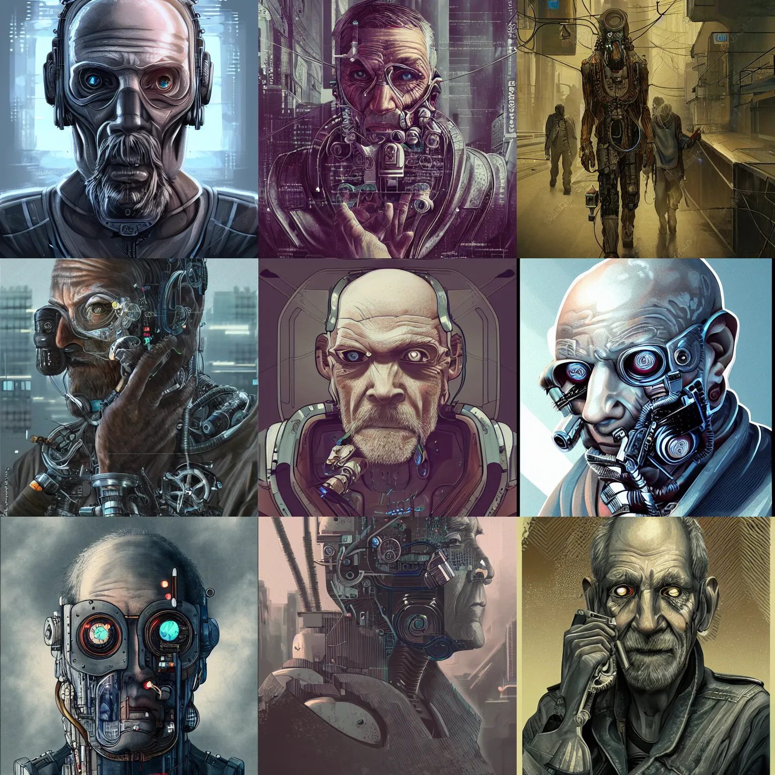 Prompt: Ultra realistic illustration of an old man cyborg cyberpunk sci-fi fantasy dystopian art nouveau graphic design