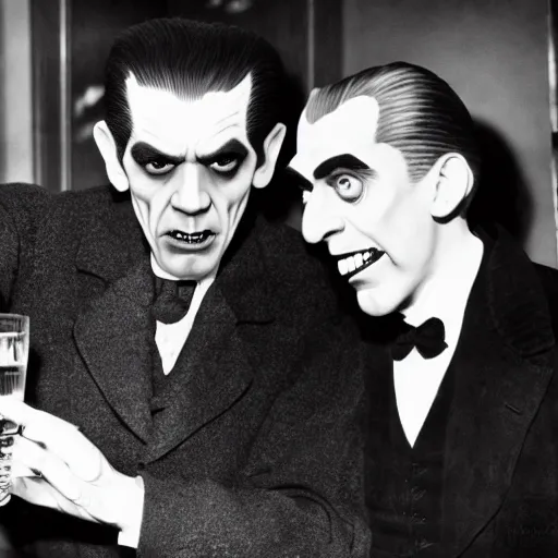 Prompt: film noir photo of classic frankenstein monster boris karloff and dracula bela lugosi having a drink smiling, universal horror movie, hyper real, hyper detailed