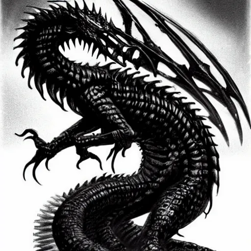 Image similar to black dragon, d & d, fantasy, hr giger,