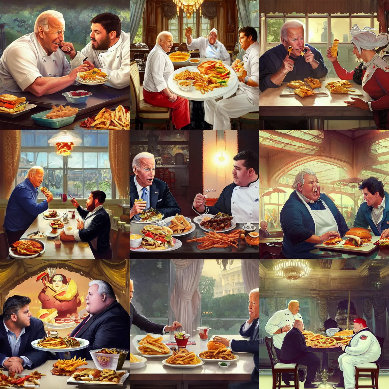 Prompt: Joe Biden and an extremely obese chef eating together unhealthy fast food at the white house, highly detailed, digital painting, artstation, concept art, sharp focus, illustration, art by artgerm and greg rutkowski and alphonse mucha