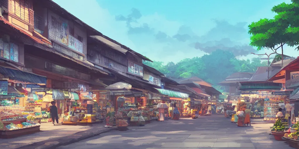 Image similar to shops at pulau indah town, early morning, detailed matte painting, low angle view, telephoto lens, bokeh, studio ghibli, artstation