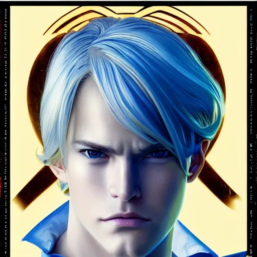 Image similar to highly detailed vfx portrait of a blond centre parting pretty boy with blue eyes by eiichiro oda, makoto shinkai, alphonse mucha, sakimichan, sharp focus, art by artgerm and greg rutkowski!, backlit, harsh overhead sunlight, detailed,