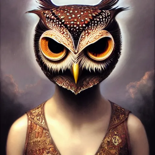 Image similar to a ultradetailed beautiful concept art of a an intricate wooden mask of an owl painted with beautiful colors, but the mask hide some dark secret, photorealism, ome reflexion in eyes, sharp details, volumetric light, high resolution 4 k, by tom bagshaw, greg rutkowski, charli bowater and artgeem