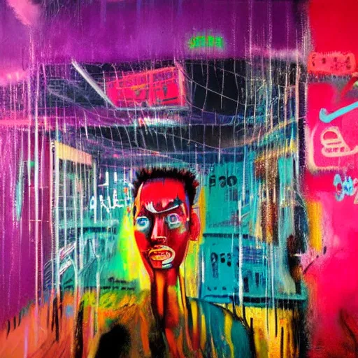 Image similar to rain like a dream, oil painting, cyberpunk, basquiat + francis bacon, elevated street art, fantasy lut, pink, blue, purple, green,