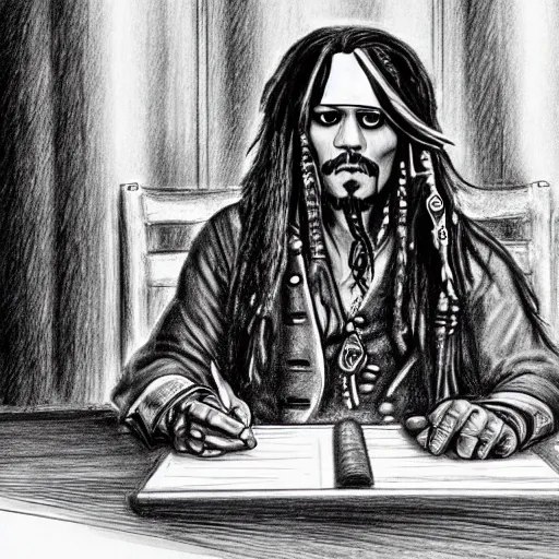 Image similar to jack sparrow a testifying in court. pencil court sketch. intricate. highly professionally detailed.