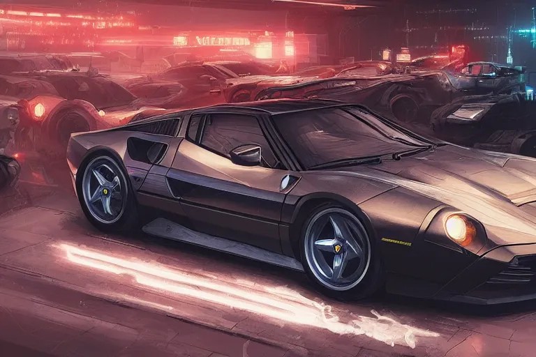 Image similar to luxury cyberpunk Ferrari 288 GTO, highly detailed, digital painting, artstation, concept art, sharp focus, illustration, art by artgerm and greg rutkowski and alphonse mucha