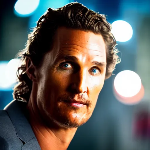 Prompt: a still of Mathew McConaughey. Close up. Shallow depth of field. City at night in background, lights, colors ,studio lighting, mood, 4K. Profession photography