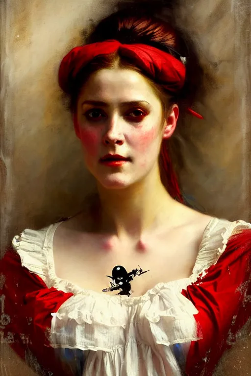 Prompt: solomon joseph solomon and richard schmid and jeremy lipking victorian genre painting portrait painting of a young beautiful woman traditional german french actress model pirate wench in fantasy costume, red background