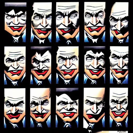 Image similar to drawing of 1 4 tiny jokers all in the mouth of gotham city's finest investigative reporter jack ryder, 4 k art by brian bolland, graphic novel art