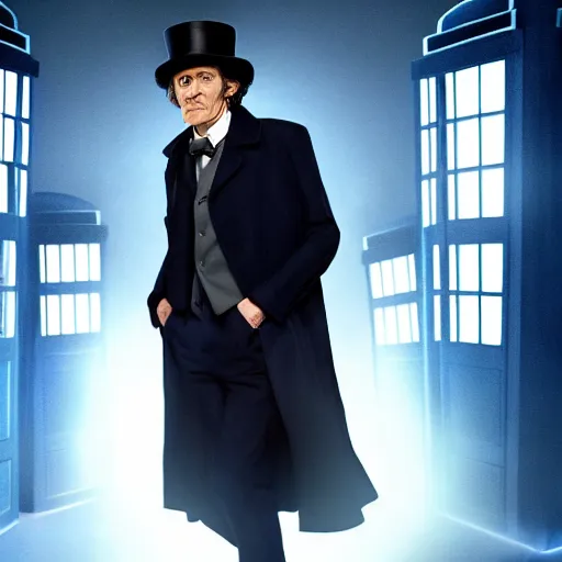 Image similar to willem dafoe as a man in a dark blue trenchcoat and tophat as the new doctor who, cinematic, volumetric lighting, f 8 aperture, cinematic eastman 5 3 8 4 film, photorealistic