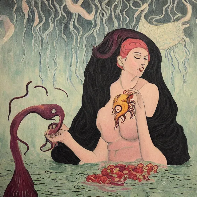 Prompt: tall female emo artist holding an octopus in a flooded cafe, bagels, pigs, water gushing from ceiling, painting of flood waters inside a cafe, a river flooding indoors, pomegranates, pigs, ikebana, water, octopus, river, rapids, waterfall, black swans, zen, canoe, berries, acrylic on canvas, surrealist, by magritte and monet