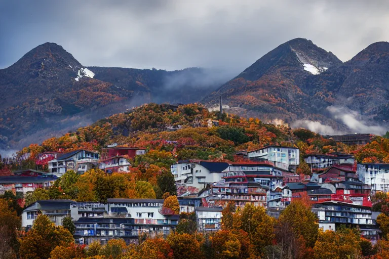 Image similar to warehouses lining a street, with an autumn mountain directly behind it. radio tower on the mountain, lens compression. photography