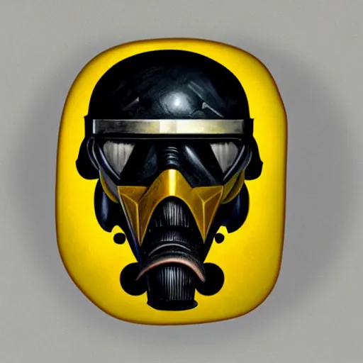 Image similar to portrait of a mutant chronicles bauhaus doomtrooper, on his helmet is a yellow smiley sticker by greg rutkowski