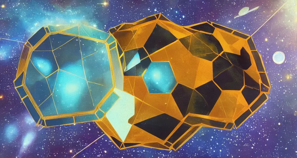 Image similar to hexagonal shield in space, blocking the sun, earth in the foreground, art deco painting