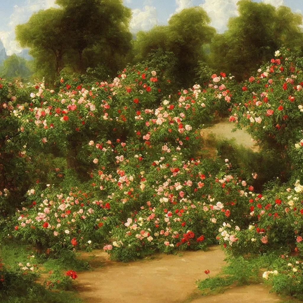 Prompt: a beautiful painting of a rose garden, Thomas Cole