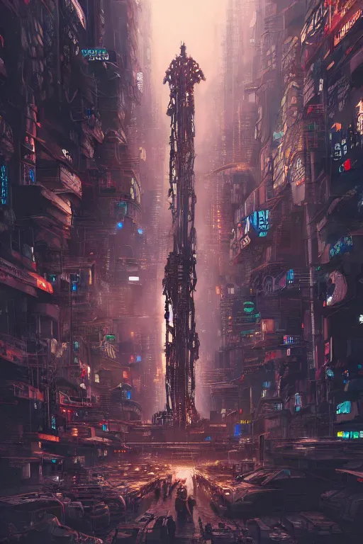 Image similar to digital masterpiece illustration concept art of giant statue in the middle of cyberpunk cityscape, extremely detailed and intricate complexity, epic composition, magical atmosphere, cinematic lighting, wide long shot, trending on artstation, 8 k