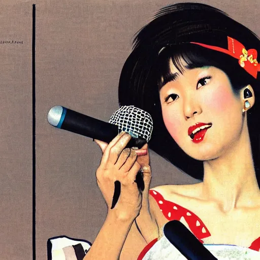 Prompt: A norman rockwell portrait illustration about a female japanese 1980 idol singer singing to a microphone