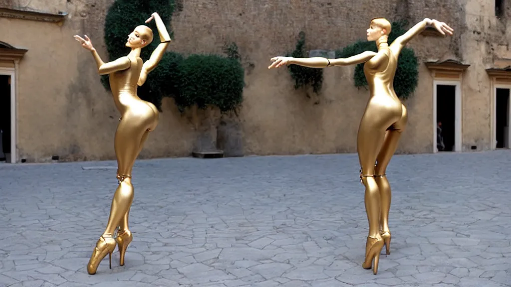 Image similar to a hajime sorayama sculpture of a svelte robotic ballerina on display in a roman courtyard.