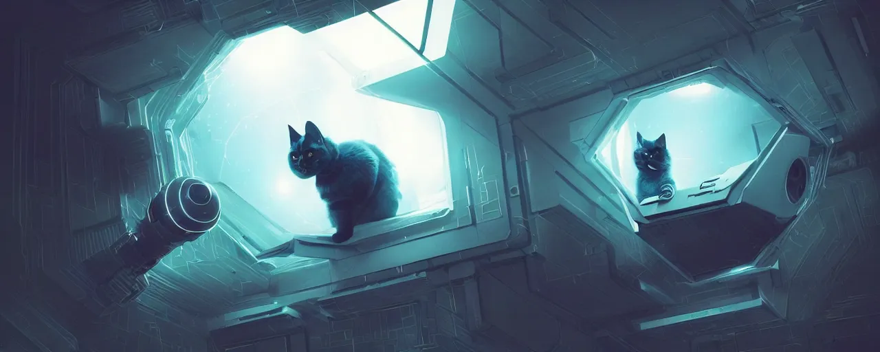 Image similar to duotone noir scifi concept illustration of 3 d mesh of cat inside box zero gravity glowing 3 d mesh quantum portals, glowing eyes, octane render, surreal atmosphere, volumetric lighting. accidental renaissance. by sachin teng and sergey kolesov and ruan jia and heng z. graffiti art, scifi, fantasy, hyper detailed. trending on artstation