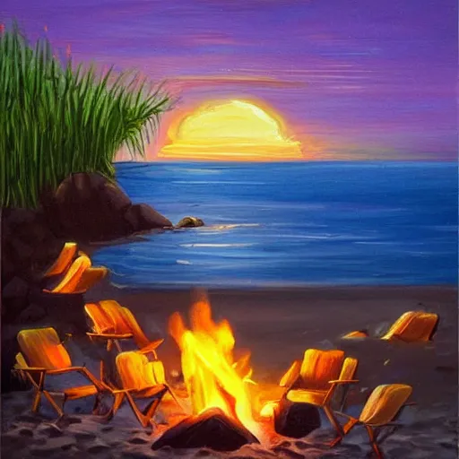 Prompt: Campfire on the beach, Moonlit ocean, Secluded beach, Painting