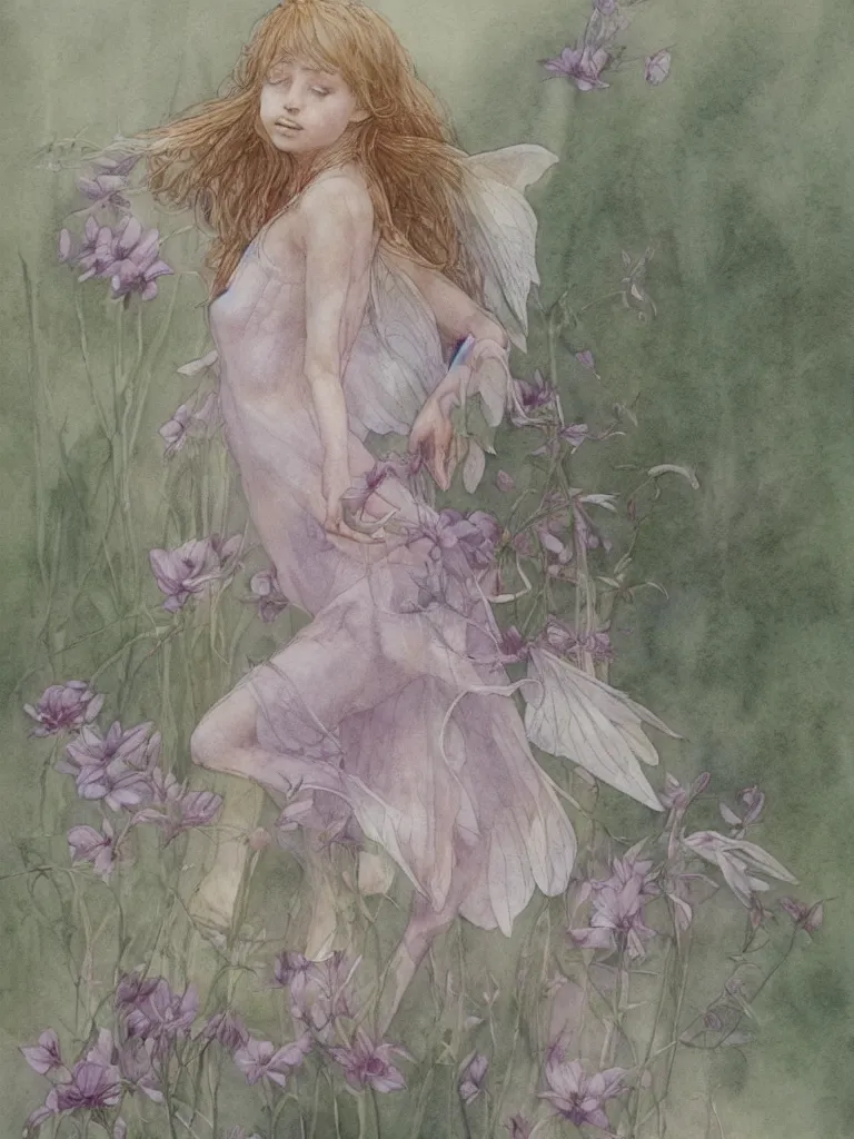 Image similar to study of a flower fairy, illustration, watercolor, alan lee, detailed, pretty, ethereal, realistic, artstation,