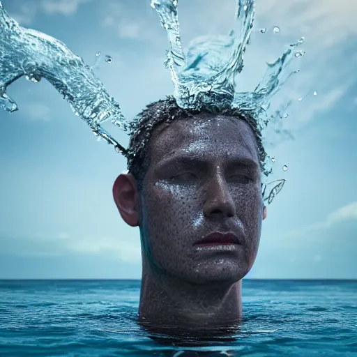 Prompt: a water sculpture of a human head on the ocean water, water manipulation photoshop, behance, ray tracing, cinematic, in the style of johnson tsang, long shot, hyper detailed, hyper realistic, 8 k resolution, sharp focus, realistic water, award winning