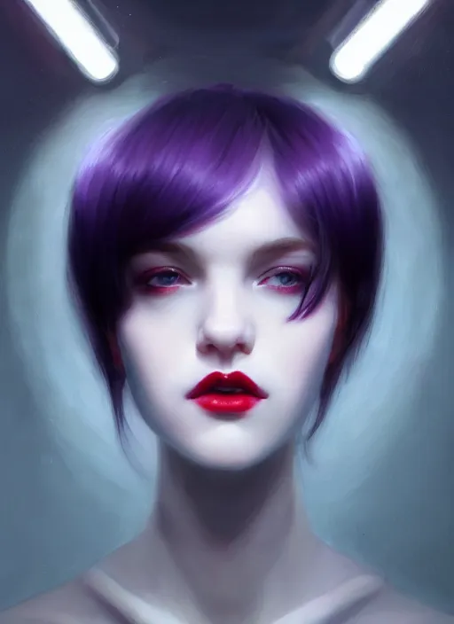 Image similar to portrait of pale teenage girl, red irises, black hair, white bangs, purple lipstick, white bangs, bangs, intricate, elegant, glowing lights, highly detailed, digital painting, artstation, concept art, smooth, sharp focus, illustration, art by wlop, mars ravelo and greg rutkowski