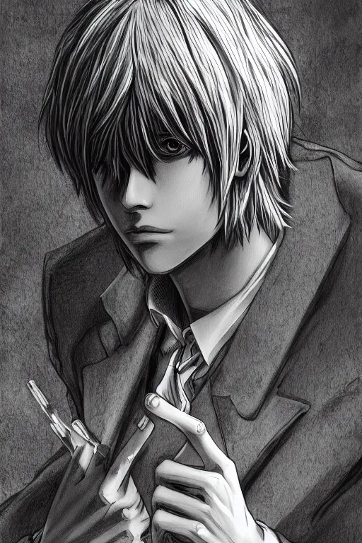 Image similar to light yagami, god of the new world, highly detailed, digital art, sharp focus, trending on art station, death note