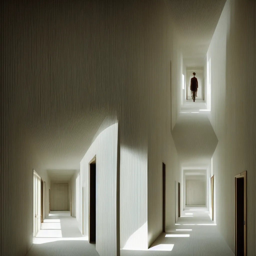 Prompt: photograph of a hallway in the style of Wes Anderson, Tadao Ando, architecture magazine, dezeen, 50mm, pentax, film