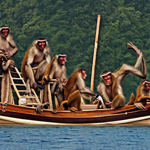 Prompt: a crew of monkeys sailing a pirate ship