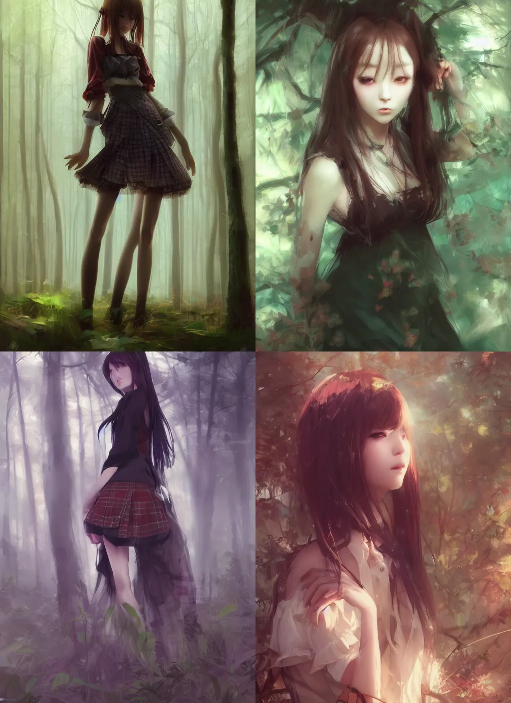 Prompt: beautiful woman in plaid miniskirt standing in a dark forest, anime style, by yoshitaka amano, by wenjun lin, by jeremy lipking, digital drawing, gorgeous face, octane render