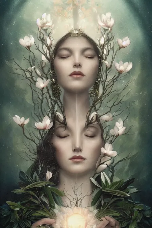 Prompt: a goddess of magnolia a queen of the garden, meditating! with a beautiful symmetrical face!!! cinematic lightning, isolated, studio lighting by tom bagshaw