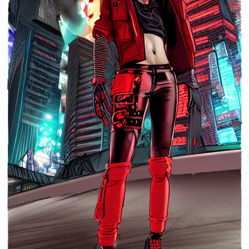 Image similar to a full body illustration of an Asian female cyberpunk character with red Mohawk, wearing oversized techwear jacket with one shoulder off revealing tank top underneath, torn punk leather pants, highly detailed, soft lighting, by Glenn Fabry, HD, 4K