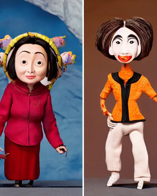 Image similar to nancy pelosi and xin jinping as a highly detailed stop motion puppets, in the style of laika studios ’ s paranorman, coraline, kubo and the two strings shot in the style of annie leibovitz