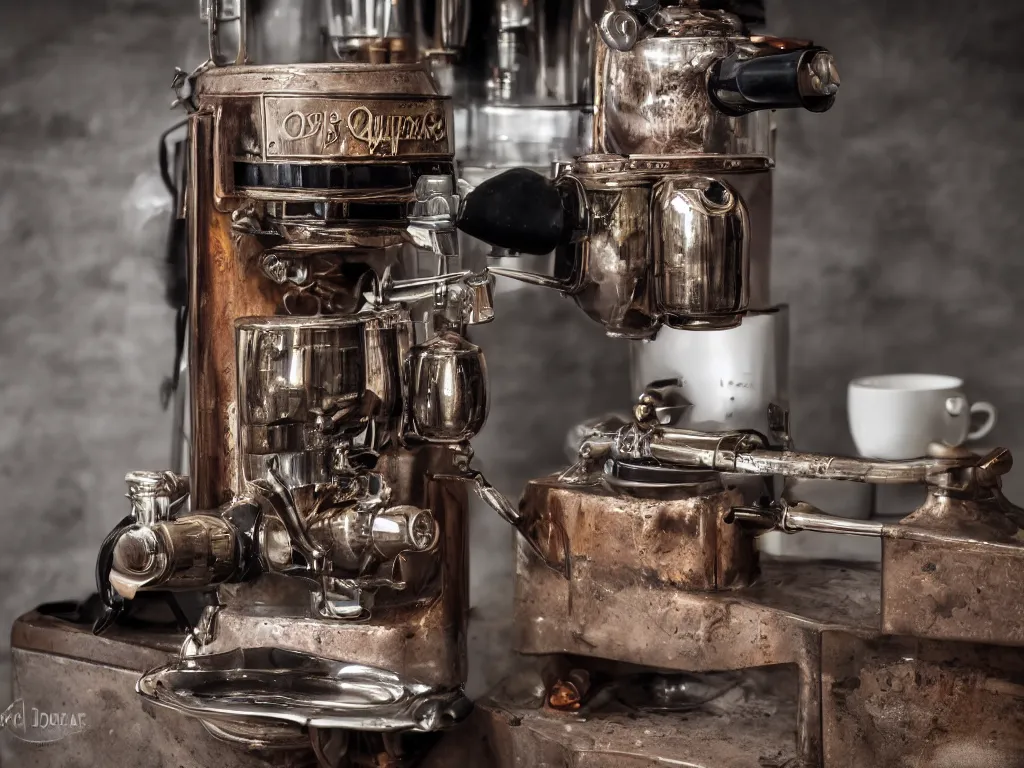 Image similar to wide angle photography of a antique coffee machine, by louis daquerre, product photography, small depth of field, fresh colors, trending on artstation