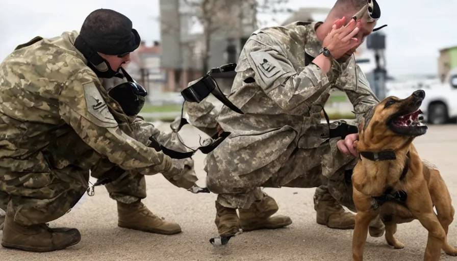 Image similar to a soldier sends a dog to attack a cyborg