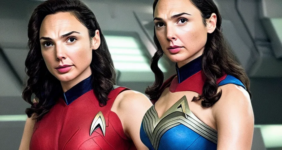 Image similar to Gal Gadot, in full starfleet uniform, is the captain of the starship Enterprise in the new Star Trek movie